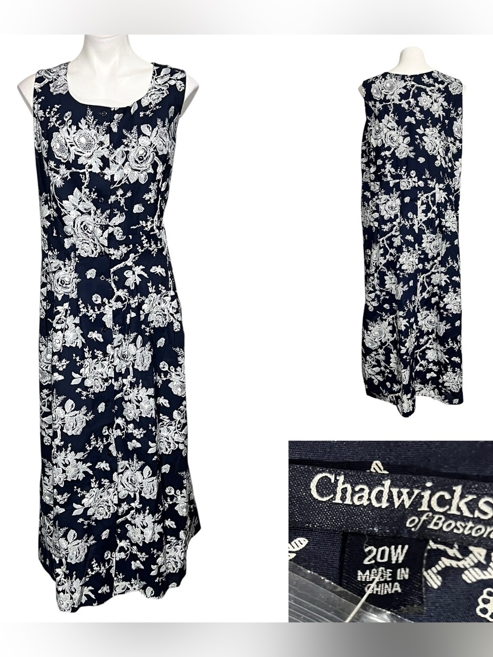 Chadwicks Maxi Dress plus size 18w Navy blue/White Floral A-line office Hawaiian